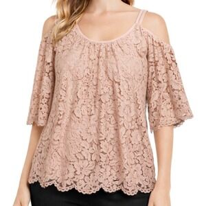 White House Black Market NWT Antique Blush Lace Cold Shoulder Top‎ Womens Size S